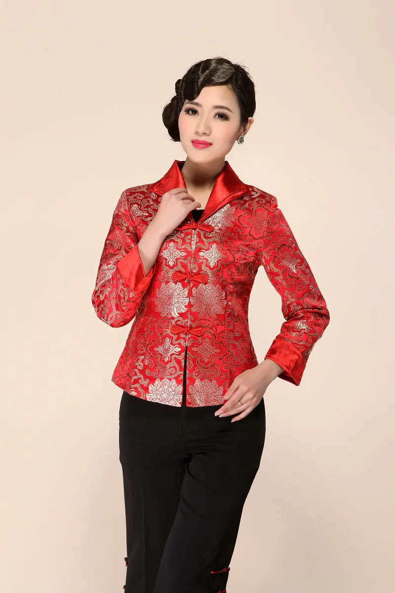 Горячая Распродажа, высококачественное зеленое женское сатиновое тонкое пальто, китайский традиционный стиль, куртка с v-образным вырезом, верхняя одежда на одной пуговице, размеры от M до XXXXL 202 - Цвет: Red