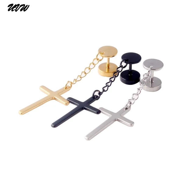 Uvw0118 2pcs Silver Black Gold Barbell Cross Drop Dangle Ear Uvw0118 2pcs Silver Black Gold Barbell Cross Drop Dangle Ear Earrings Studs Anti Allergic Men S Pennts Rock