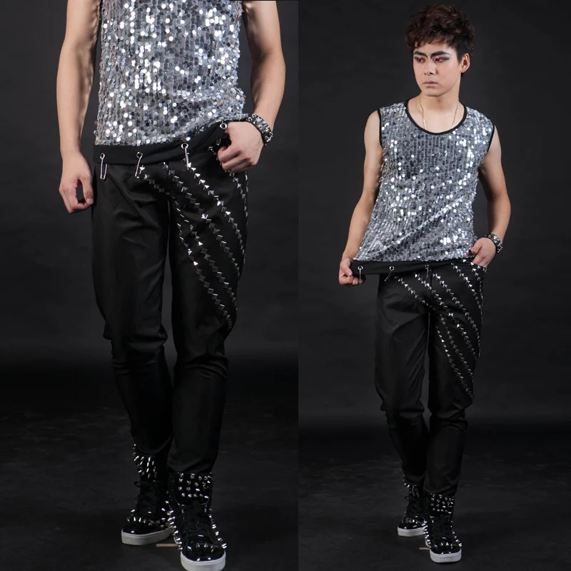 

2016 Fashion black Male dj ds Rivets Slim Casual Pants Fashion Stage Show Performance Trousers men's leather pants