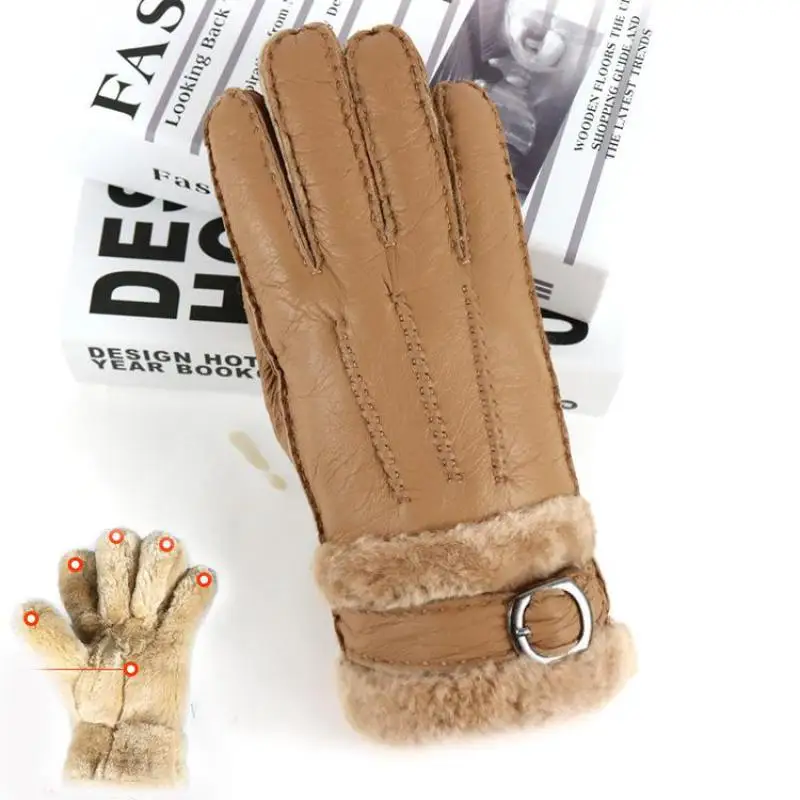 Зимние сапоги из натуральной кожи перчатки Для мужчин из овчины шерсть перчатки теплые Пять пальцев водительские перчатки открытый
