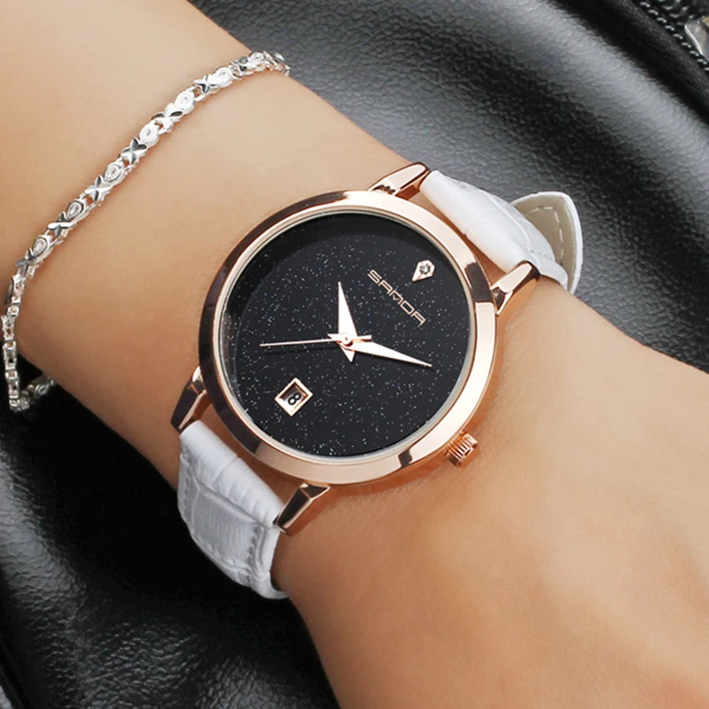 2018 SANDA Fashion Star Dial Women Watches Luxury Golden Leather Ladies Watch Women Dress Clock Calendar relogio feminino P194