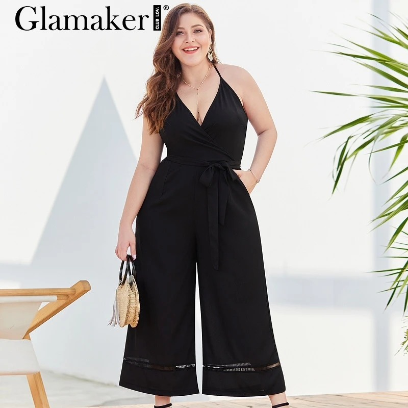 

Glamaker Sexy deep v neck lace party jumpsuits for Women black elegant club rompers Female summer backless large size playsuits