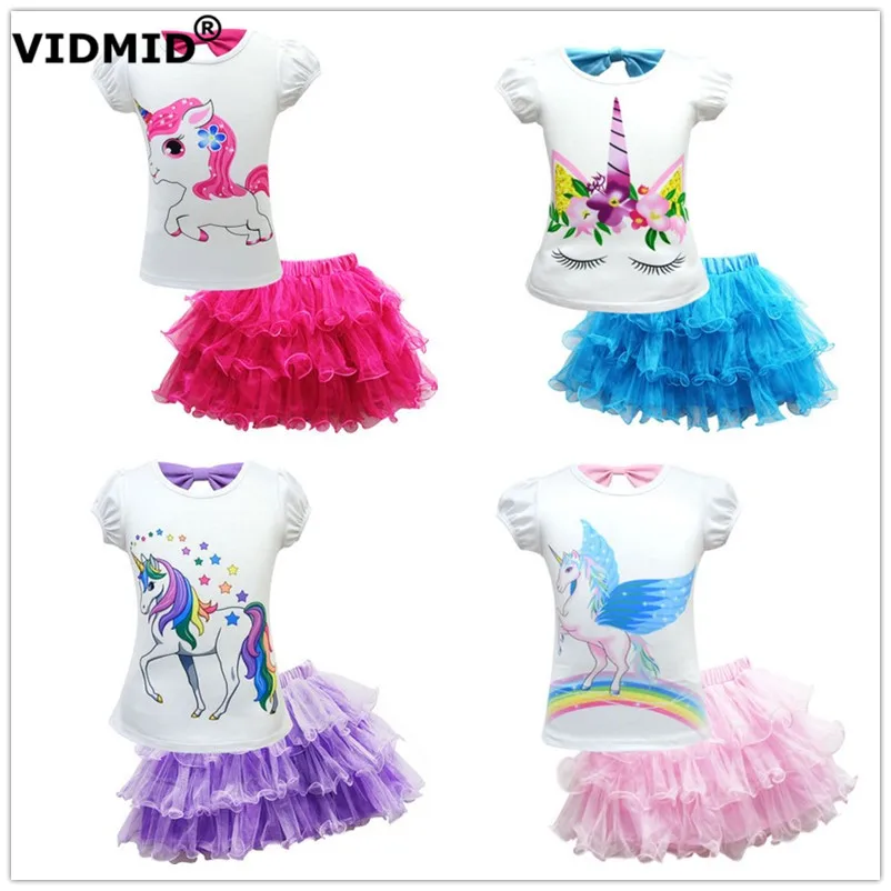 

VIDMID New Summer Children baby girls Clothes Cute cotton Unicorn Short sleeve + skirt 2pcs Kids girls Clothing sets 7084 01