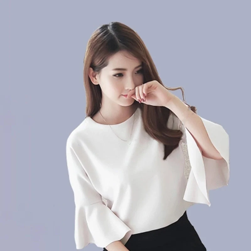 

Elegant Women Blouse Summer Sweet Pearl Decoration Flare Sleeve Chiffon Shirt Female Tops Solid Shirts O Neck Blusas Femininas