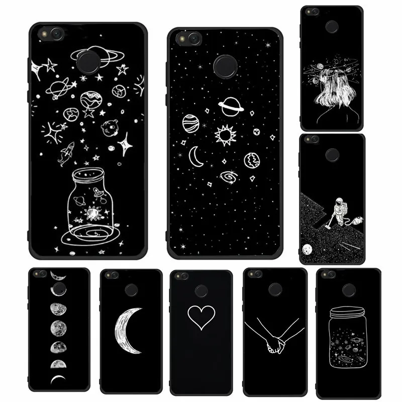 

Case For Xiaomi Redmi 4X 4A 5A Note 4 Black White Moon Space Cute Bags Soft Silicone TPU Cover Case For Xiaomi mi A1 5X