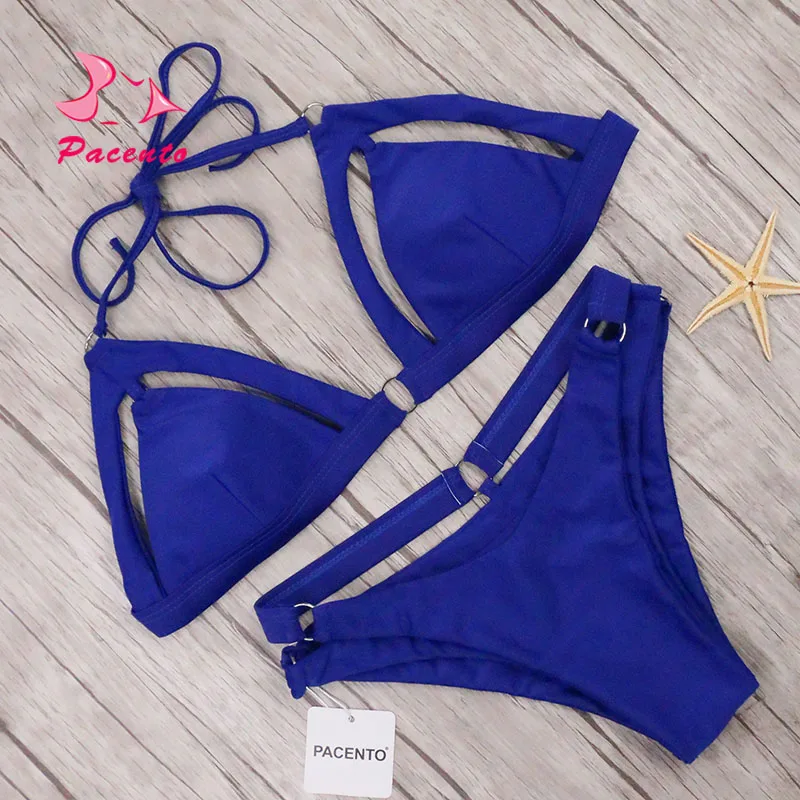 

Pacento Halter Bikini Set Solid Swimwear Sexy Cross Strappy Swimsuit Women Blue Hollow Out Bathing Suit Female Bather Plavky May