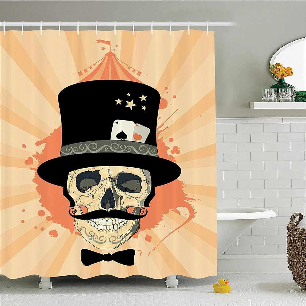 Magician Skull with Hat Gambler Ghost Circus Tent at the Background Magic Fearful Design  Polyester Bathroom Shower Curtain 