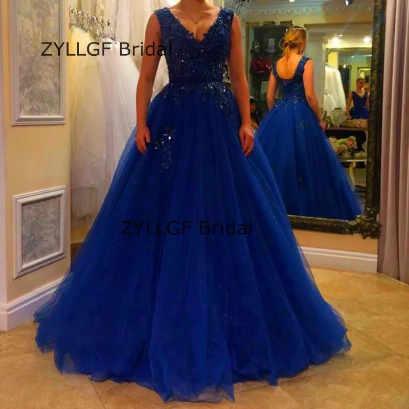 ZYLLGF Bridal Ball Gown V Neck Traje De Noche Mujer 2017 Royal Blue