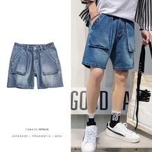 Лето основной толчок Новая мода хлопок и полиэстер японский мужской чистый цвет большой размер свободные шорты из денима