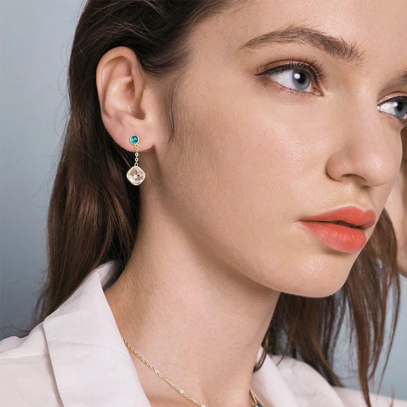LEKANI Modern Design Evil Eye Asymmetry Crystals from Swarovski Earrings Long Chain 925 Silver Drop Earrings for Women Gift