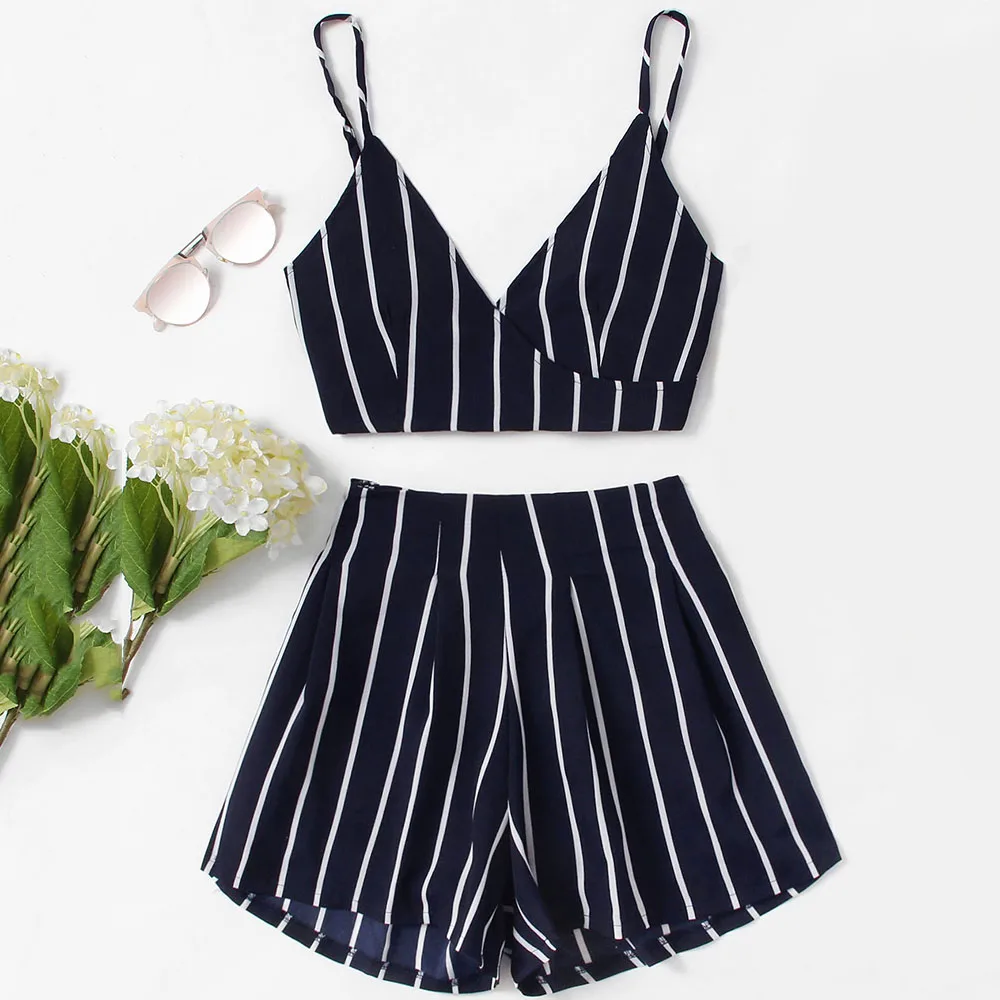 sexy beach pants suit camis and short women two piece set bow striped print summer hot sale