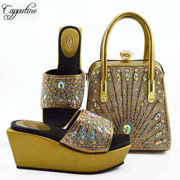 

Capputine Italian Rhinestone Gold Color Shoes And Bag Set New Summer Rhinestone Nigerian Party Shoes And Bag Sets Free Shipping
