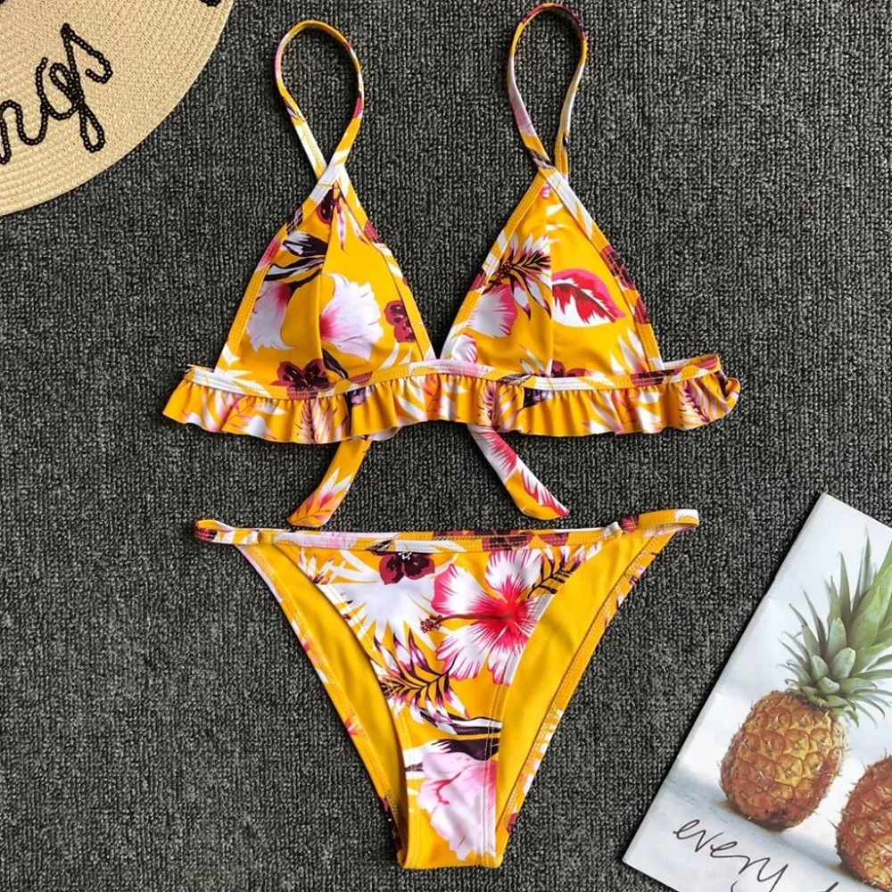 

Womens Sexy Two Piece Bikini Set Bohemian Colored Floral Printed Swimsuit V-Neck Ruffled Flounce Trim Triangle Bra Low Waist