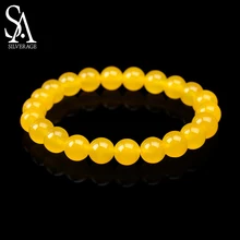 SA SILVERAGE New Bracelet Natural Stone Natural Yellow Agate Jade Bead Bracelet Round 8mm Bracelets Yoga Wristband for Men Women lii ji natural stone black onyx agate clear quartz crystal with jade clasp bracelet for women party