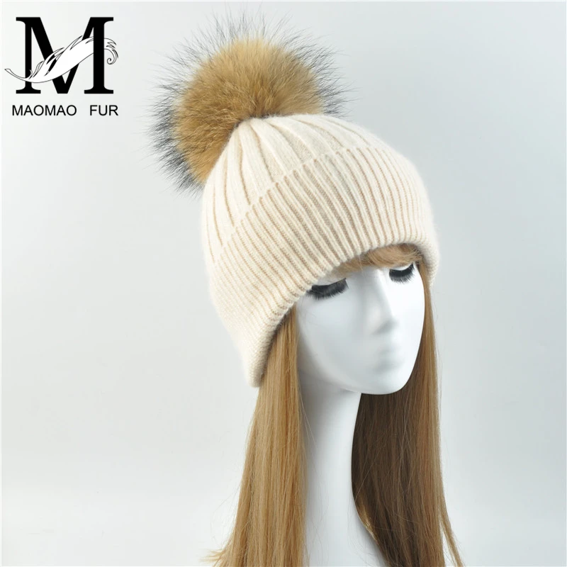 Tanie Kobiety czapka zimowa kobieta wymienny prawdziwy szop Pompon futrzany kapelusz czapka wełna czapka futro naturalne Pompon kapelusz dla kobiet czapki
