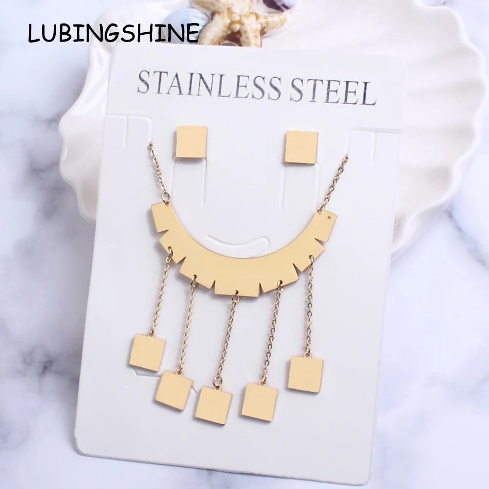 

Luxury Women Stainless Steel Jewelry Set Wedding Party Gold Color Multilayer Geometric Necklace Chandelier Earrings Sets Gift