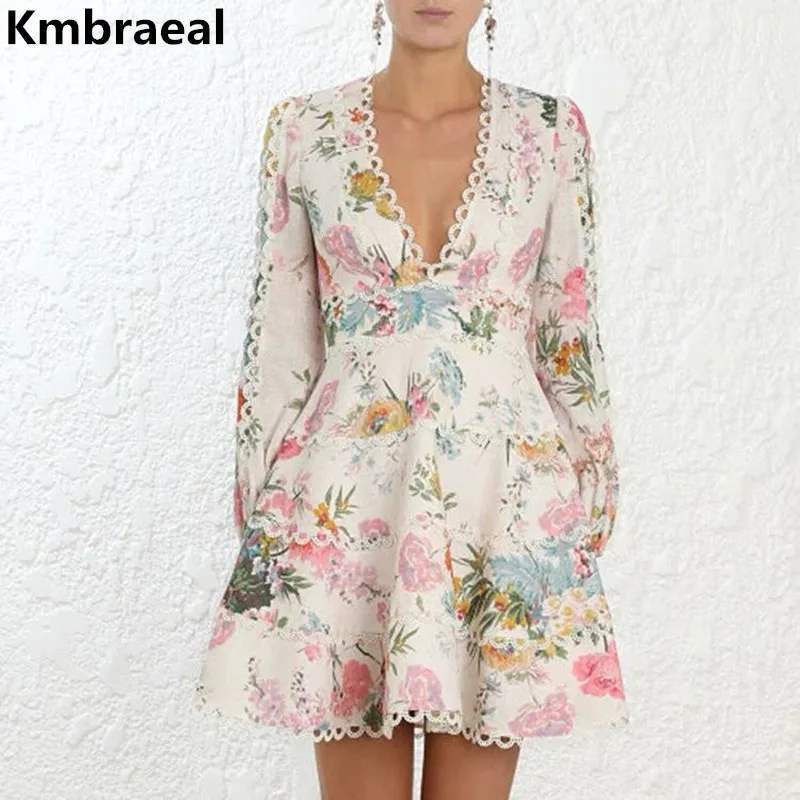 

Sweet Ladies Sexy Deep V-Neck Luxury Boho Printed Runway Dress Autumn Women Lace Puff Long Sleeve Elegant Party Dresses Vestidos