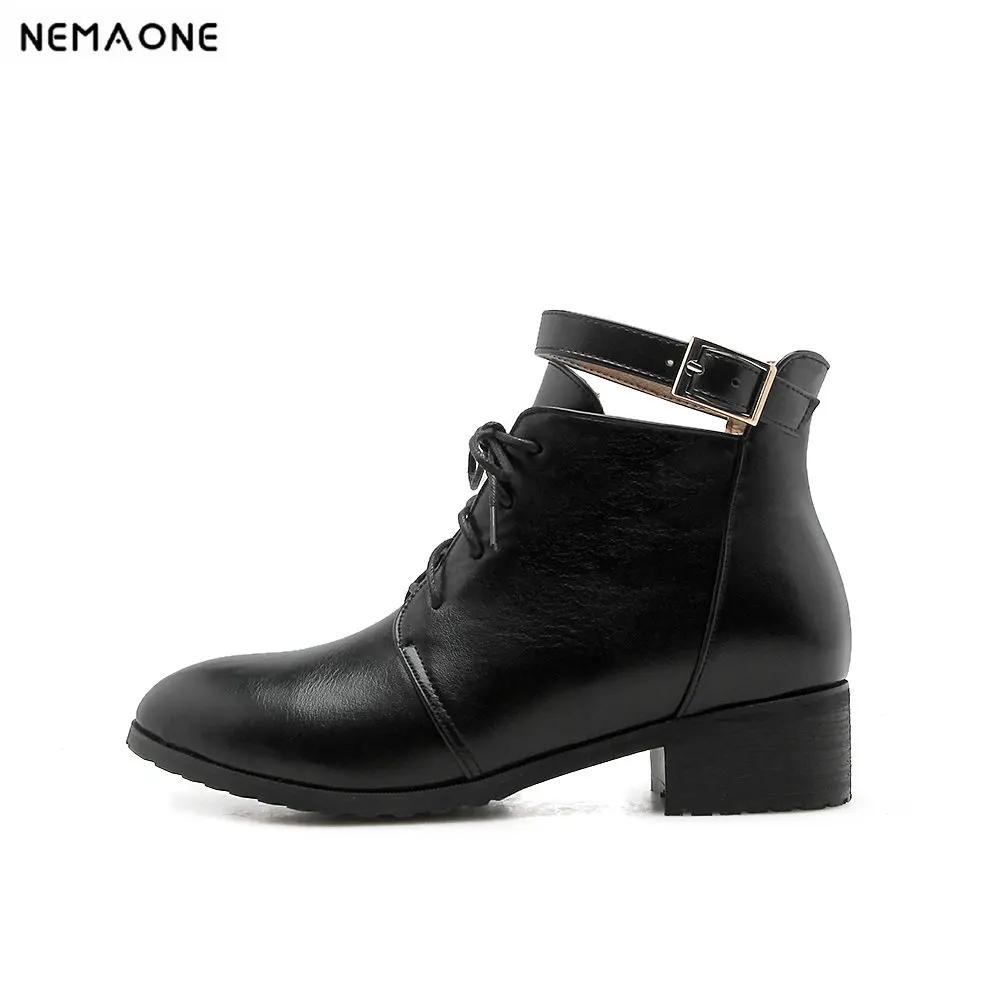 

NEMAONE New ankle women boots lace up girls shoes low heels western ladies boots woman casual shoes large size 43