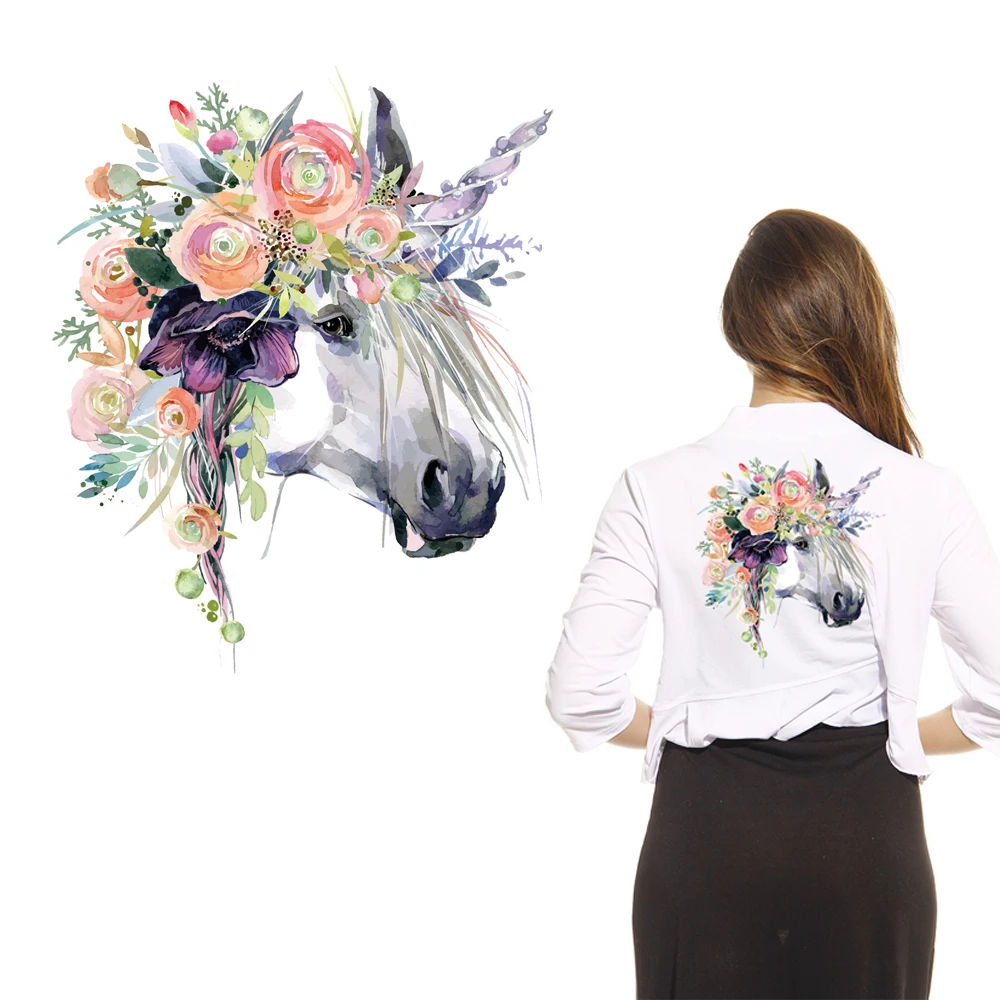

1PCLovely horse flowersPatch Heat Transfer Iron On Patch A-level Washable Clothes Stickers Easy Print By Household Irons Patches