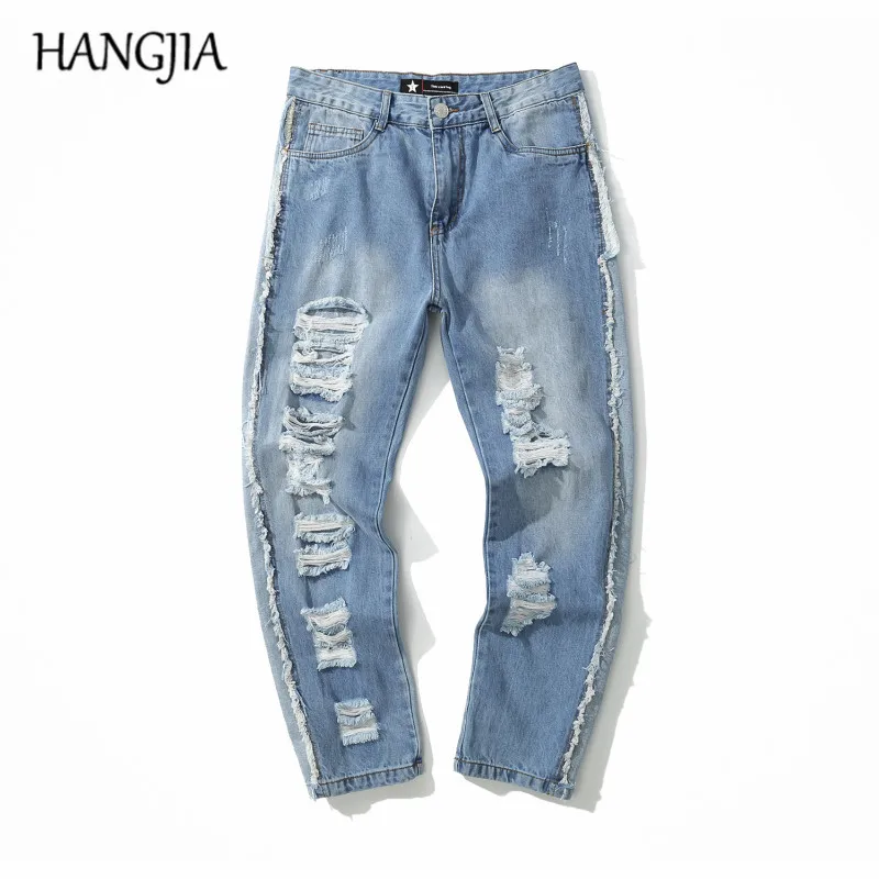 

Blue Ripped Jeans for Men Fashionable Slim Fit Jeans Hip Hop Wash Distressed Vintage Mens Clothing Side Irregular Crop