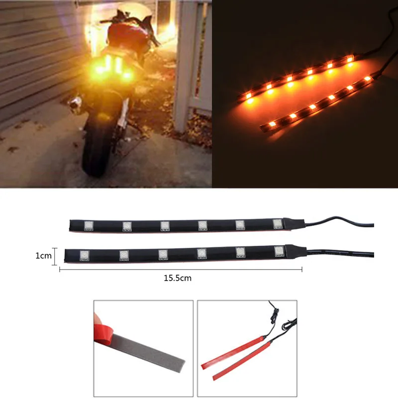 

Motorcycle Flexible Strip Tail Brake Stop Turn Signal Indicator Amber Blinker Lamp License Plate Light Integrated SMD 6 LED 12V