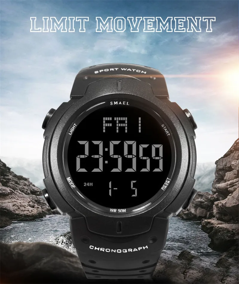 

Outdoor Sports Watches Men Running Big Dial Digital Wristwatches Chronograph Pu Strap 50m Waterproof Relogio Masculino 2019 YD