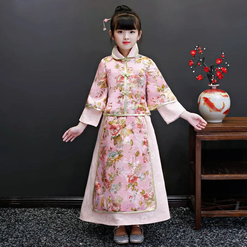 

Girls Tang Suit Winter Autumn Embroidery Clothes Dress Chinese wind children's Hanfu New Year Pink Birthday Model Show Dress