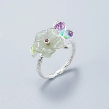 

S925 sterling silver inlaid with natural stone flower opening ring