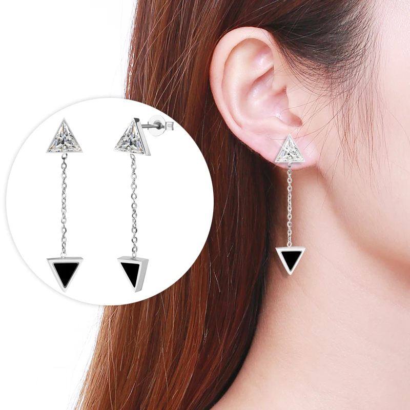 Silver Color Classic stainless steel earrings Triangle Geomery drop Stud earrings Cubic Zirconia Wedding Jewelry for women girl   (3)