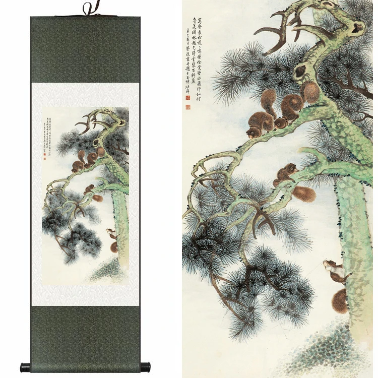 

Traditional Chinese Silk watercolor Animal Squirrel Pine ink feng shui canvas wall picture damask framed scroll painting gift