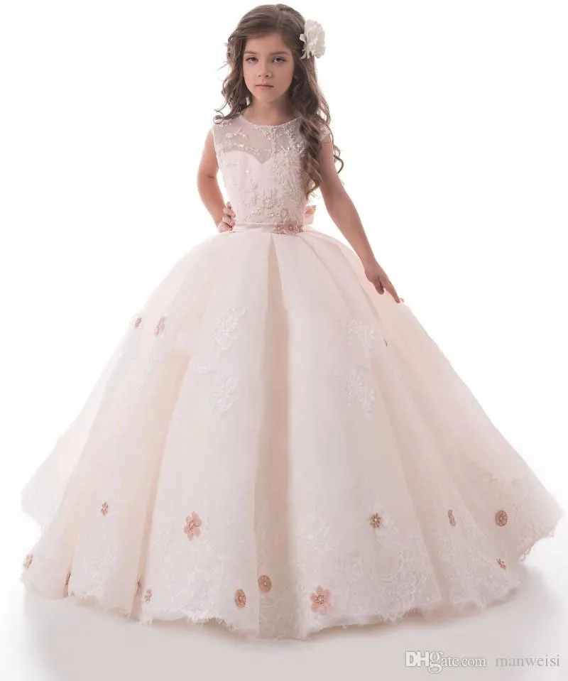 

2017 New Flower Girl Dresses Ball Gown Lace Up Sashes Handmade Flowers Appliqes Sleeveless Formal First Communion Gowns Vestidos