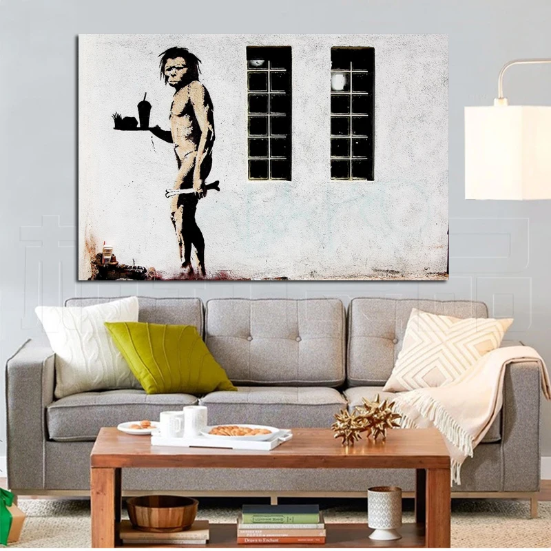 

Banksy Caveman Fast Food HD Canvas Painting Prints Living Room Home Decoration Modern Wall Art Oil Painting Posters Pictures