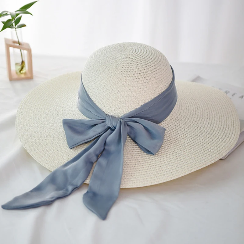 HT2259 Панама, новые модные женские шляпы, пляжная шляпа с большим бантом из ленты с широкими полями, женская летняя Складная Соломенная пляжная шляпа
