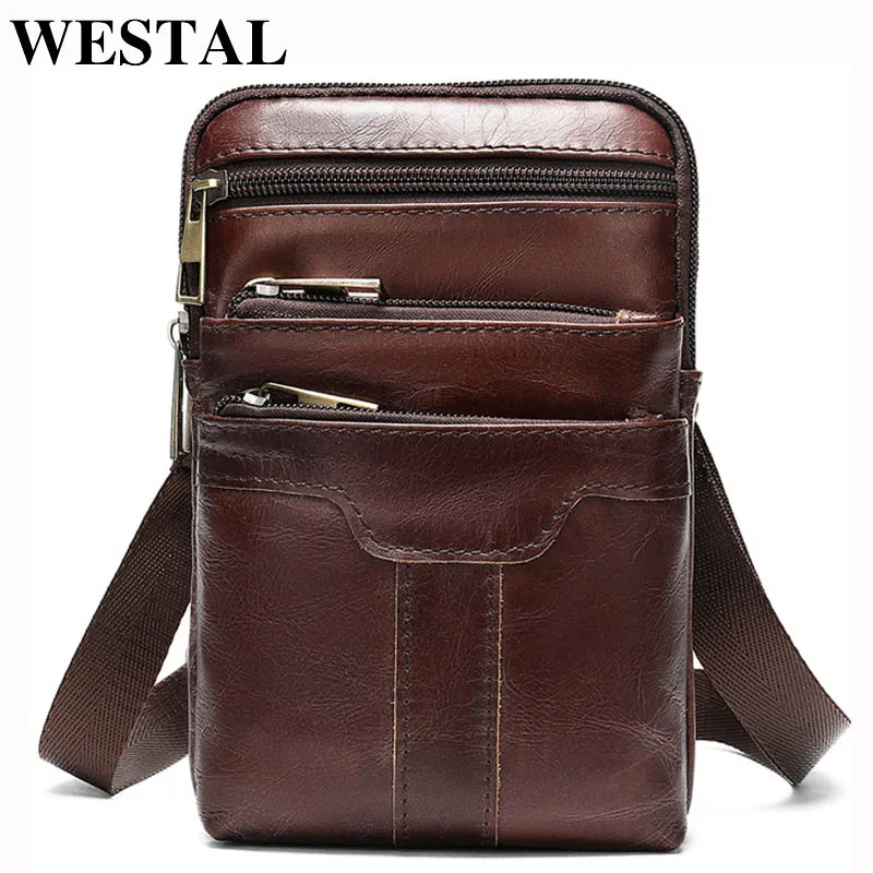 WESTAL الذكور حزمة مراوح الرجال حقيبة بحزام للهاتف الرجال الخصر حقيبة حقيقية حمالة جلدية حقائب الخصر حزمة صغيرة المال حقيبة كيس حزام
