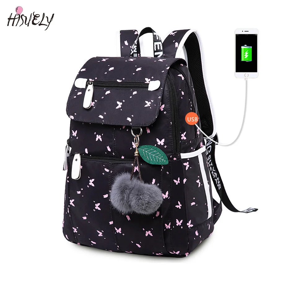 

2018 New female fashion school backpack usb school bags for girls black backpack plusch ball girl schoolbag butterfly decoration
