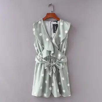 

Women vintage v neck ruffles polka dot printing jumpsuits lady elastic waist sashes slimming rompers playsuit casual tops DS824