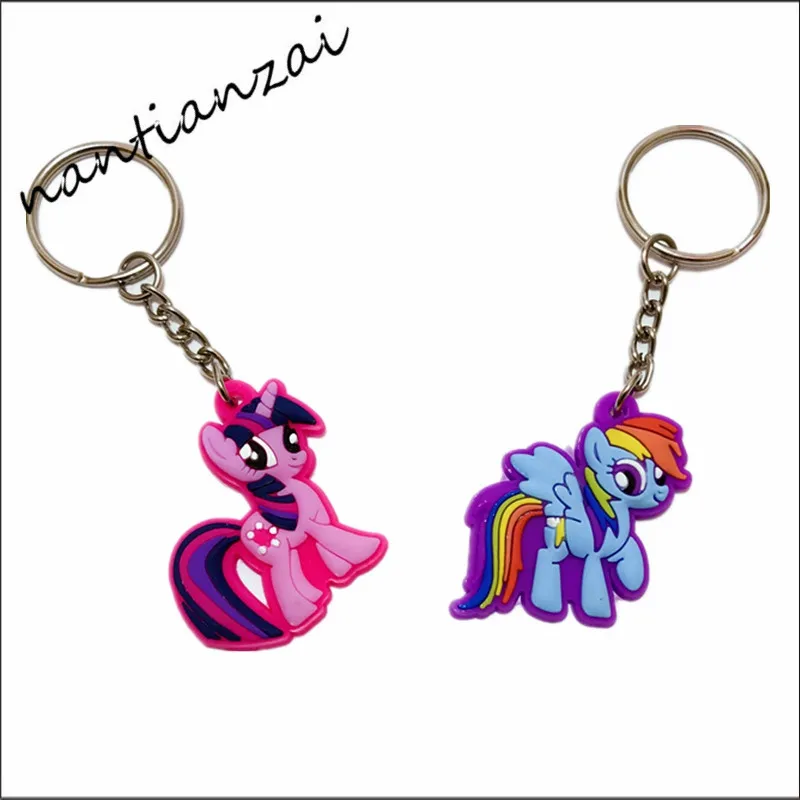 

50PCS/LOT Cartoon soft pvc Keychain My Little poni Horse Rainbow Unicorn Animal Key Holder Key Chain Keyring Bag Straps Chain