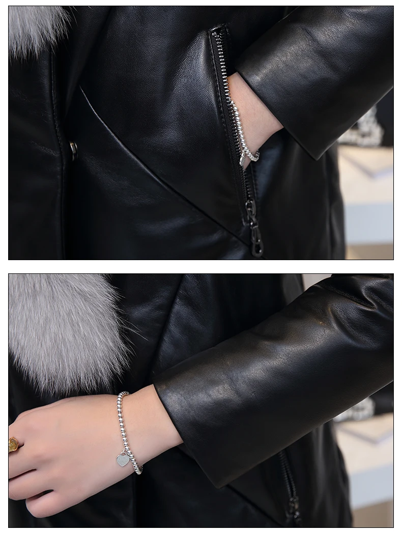 Новое Женское зимнее пальто размера плюс, женские пуховики с меховым воротником из натуральной кожи, черная верхняя одежда из овчины OK1095