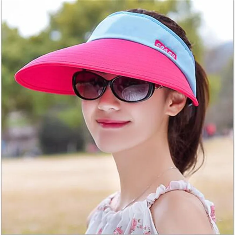 

Summer Women Sun Hats Pearl Packable Sun Visor Hat with Big Heads Wide Brim Beach Hat UV Protection Female Splice Cap Wholesale