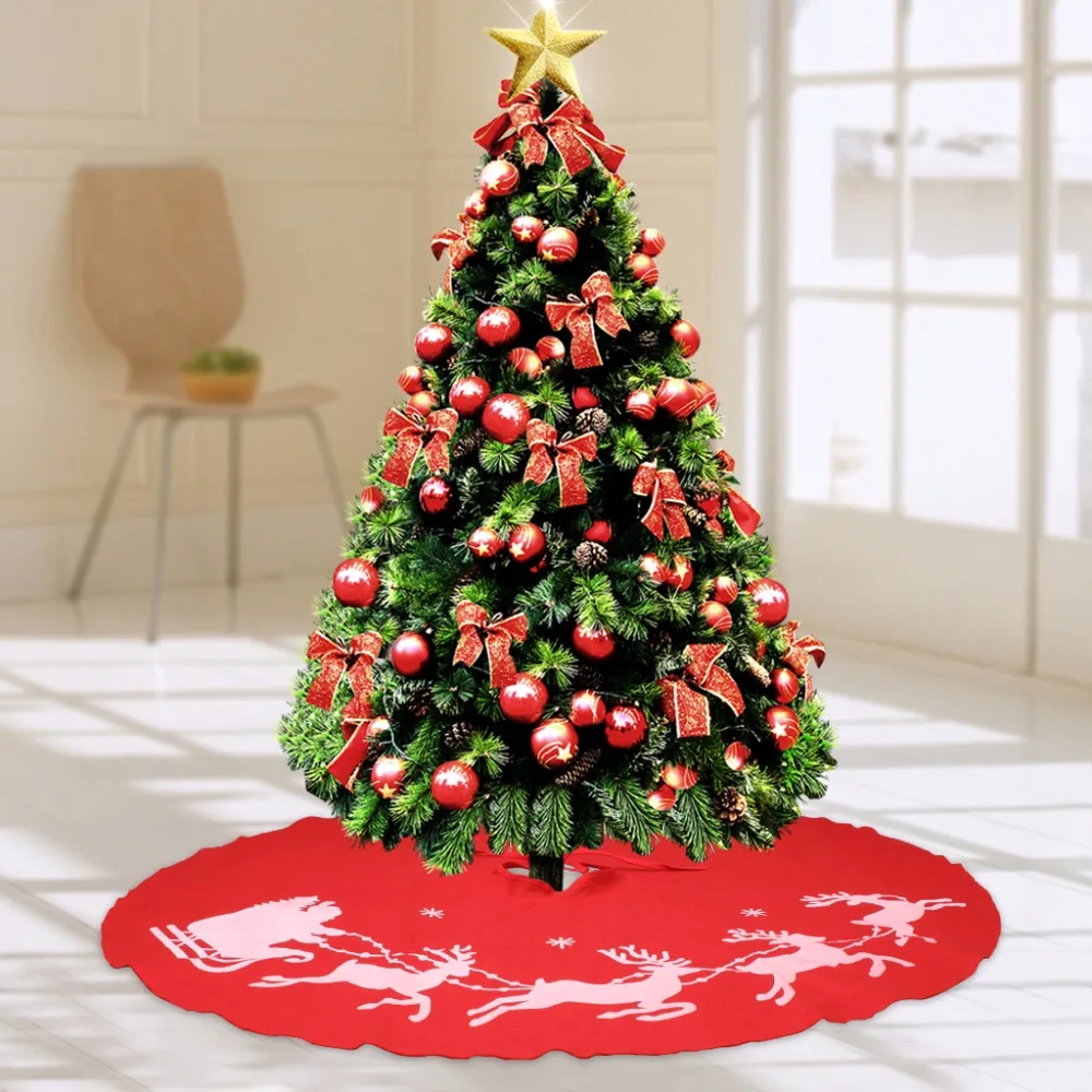 

Christmas Tree Skirt Decorative Cover With Xmas Elk Red Round Fabric Mat For Tree Decoration 39 inch