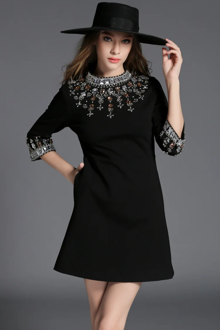 Высококачественное женское платье ручной работы с бисером, тонкое Элегантное Черное короткое платье, женское хлопковое модное Повседневное платье размера плюс
