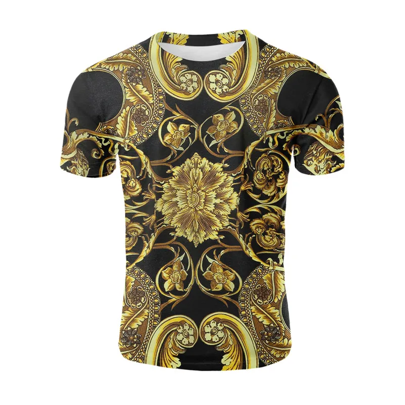 

YELITE Novelty 3D Golden Chain Print Baroque Brand T-shirt 2019 Summer Short Sleeve Luxury Royal Men Clothes Hip Hop Tops Tees