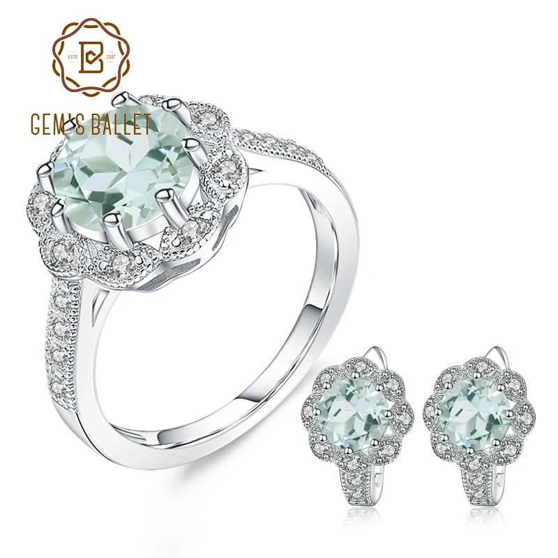 

GEM'S BALLET 4.56Ct Natural Green Amethyst Earrings Ring Set Fine Jewelry For Women 925 Sterling Silver Wedding Jewelry Sets