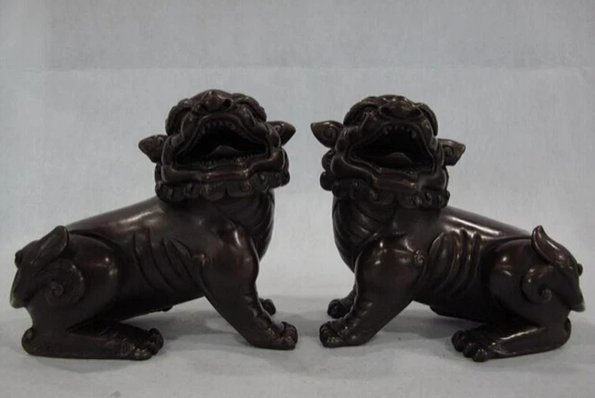 ZSR915+++ 4.5 Chinese pure bronze copper Carved foo dog lion beast fengshui figurine Pair | Дом и сад
