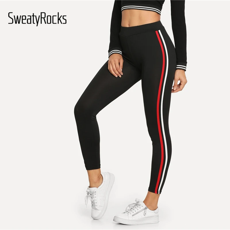 

SweatyRocks Striped Tape Side Leggings Activewear Style Stretchy Black Leggings 2019 Spring Athleisure Women Casual Leggings