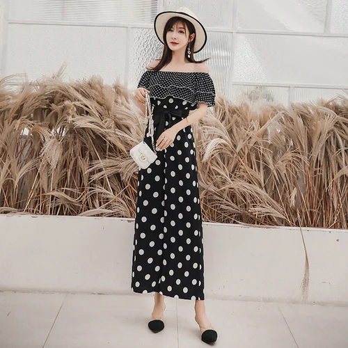 

Summer Jumpsuits for Women 2019 Korean Vintage Polka Dot Ruffle Off Shoulder Bow Sash Chiffon Wide Leg Jumpsuit Black White S104