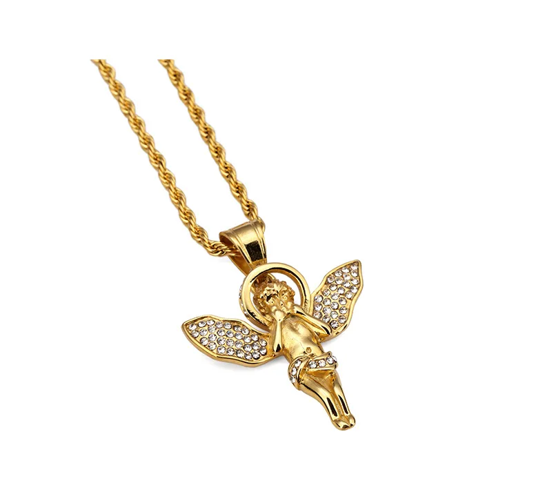 New Golden Rhinestone Iced Out Angel Pendant Angel Wings Charm Necklace