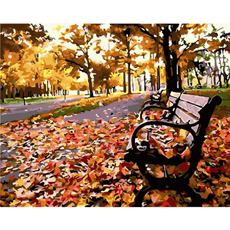

Park benches, fallen leaves, fall Landscape Picture Drawing Living Room Acrylic Unique Gifts Linen Decor Art 40x50cm