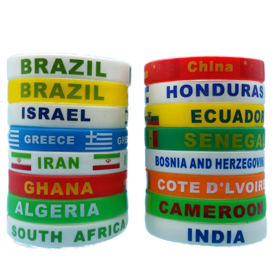 

100pcs Country Flag Logo Silicone Bracelet Sport Game Fans Wristband Rubber Wrist Strap ID Bangle Souvenir Accessories Pulseira