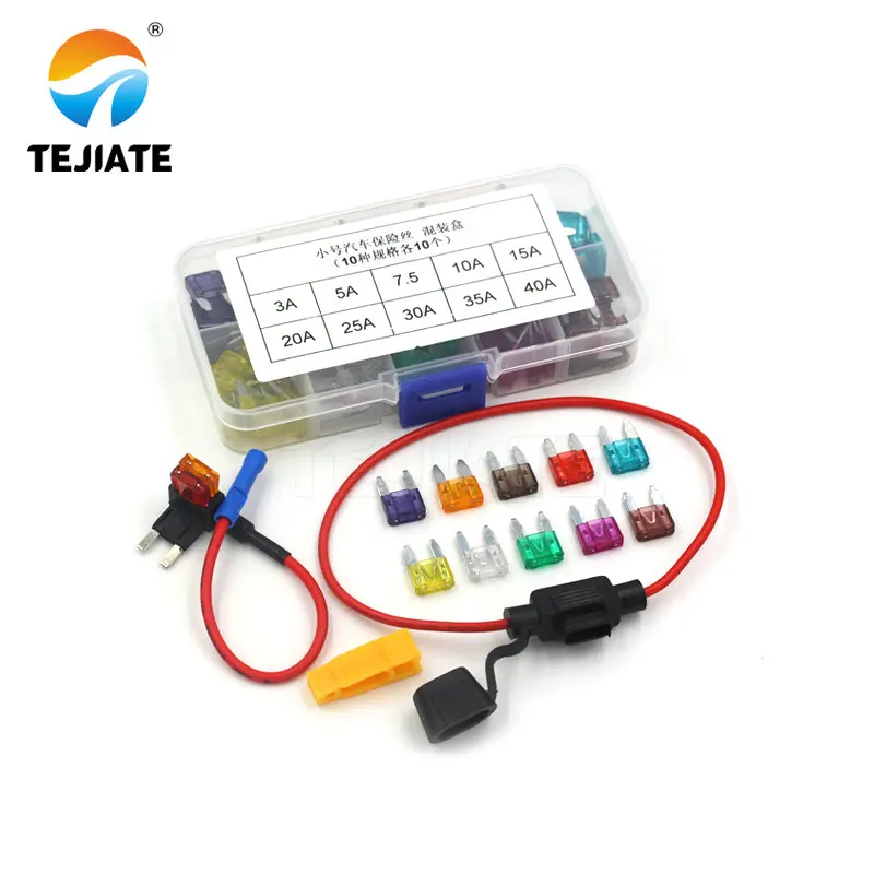 

100pcs/lot Small Size MINI Blade Fuses 3A,5A,7.5A,10A,15A,20A,25A,30A,35A,40AMP Plastic Box Assortment with Clip Holder Electric